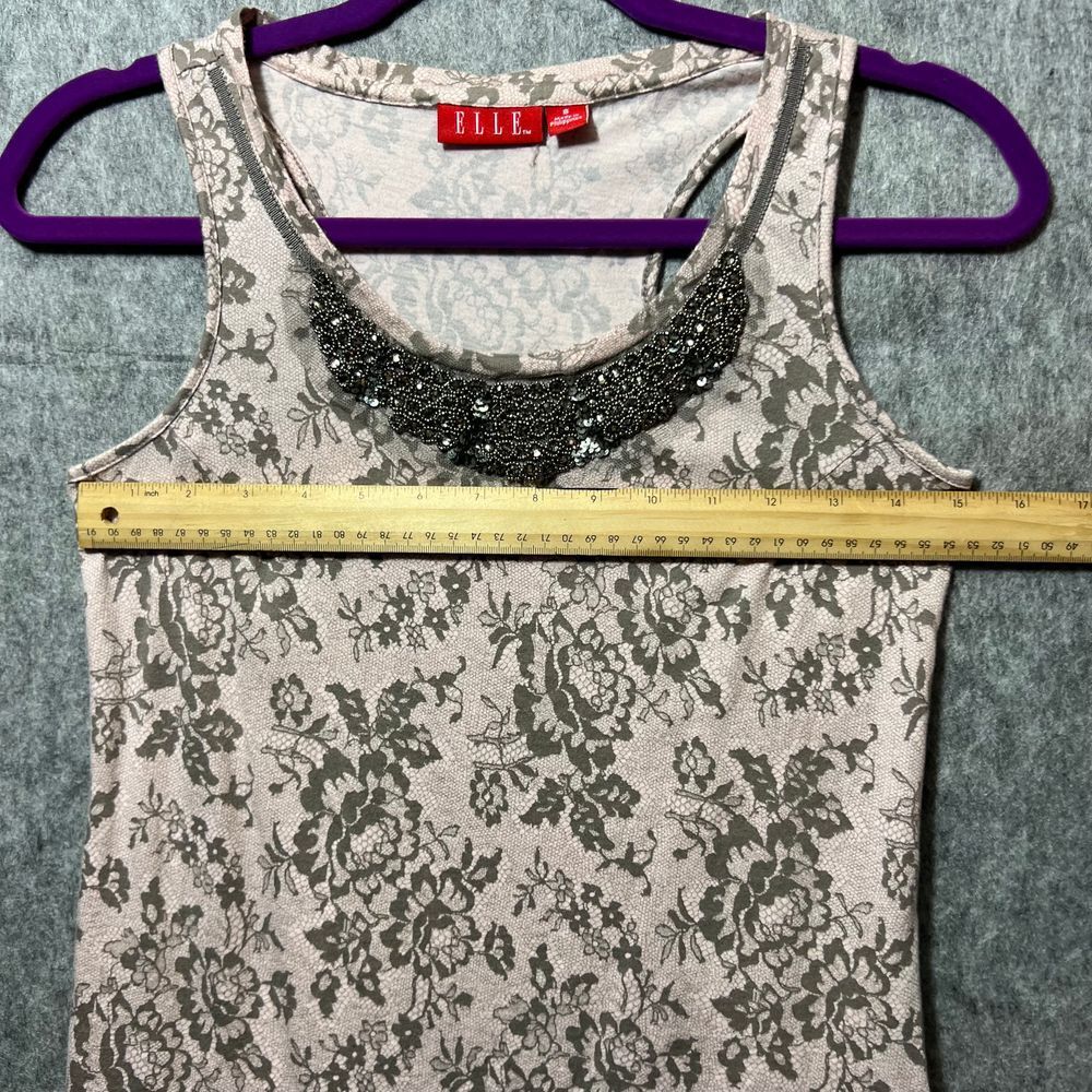 ELLE Floral Tank Top with Beaded Necklace Detail Gray Pink Size S - Picture 5 of 8